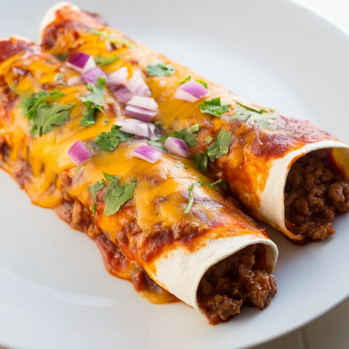 Seven warm Beef Enchiladas with Homemade Red Sauce are rolled tight, smothered in chili sauce, and topped with melted cheese and fresh cilantro.
