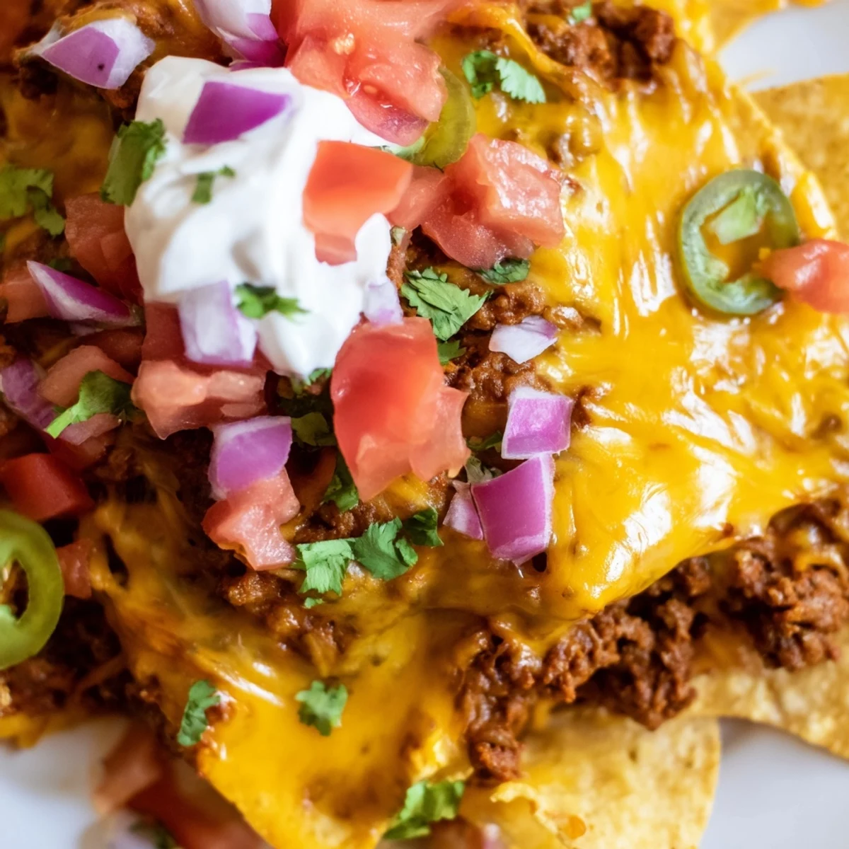 A steaming Beef Nacho Platter topped with creamy avocado slices, chopped cilantro, and spicy jalapeños sits ready for a crowd-pleasing dinner.