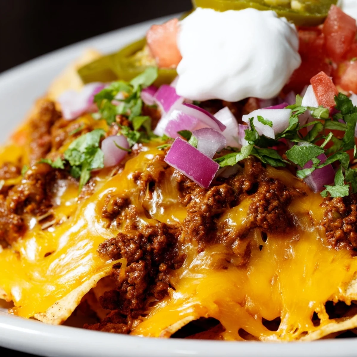 Golden melted cheddar and Monterey Jack cheese blanket a platter of crispy tortilla chips loaded with seasoned ground beef and fresh diced tomatoes.