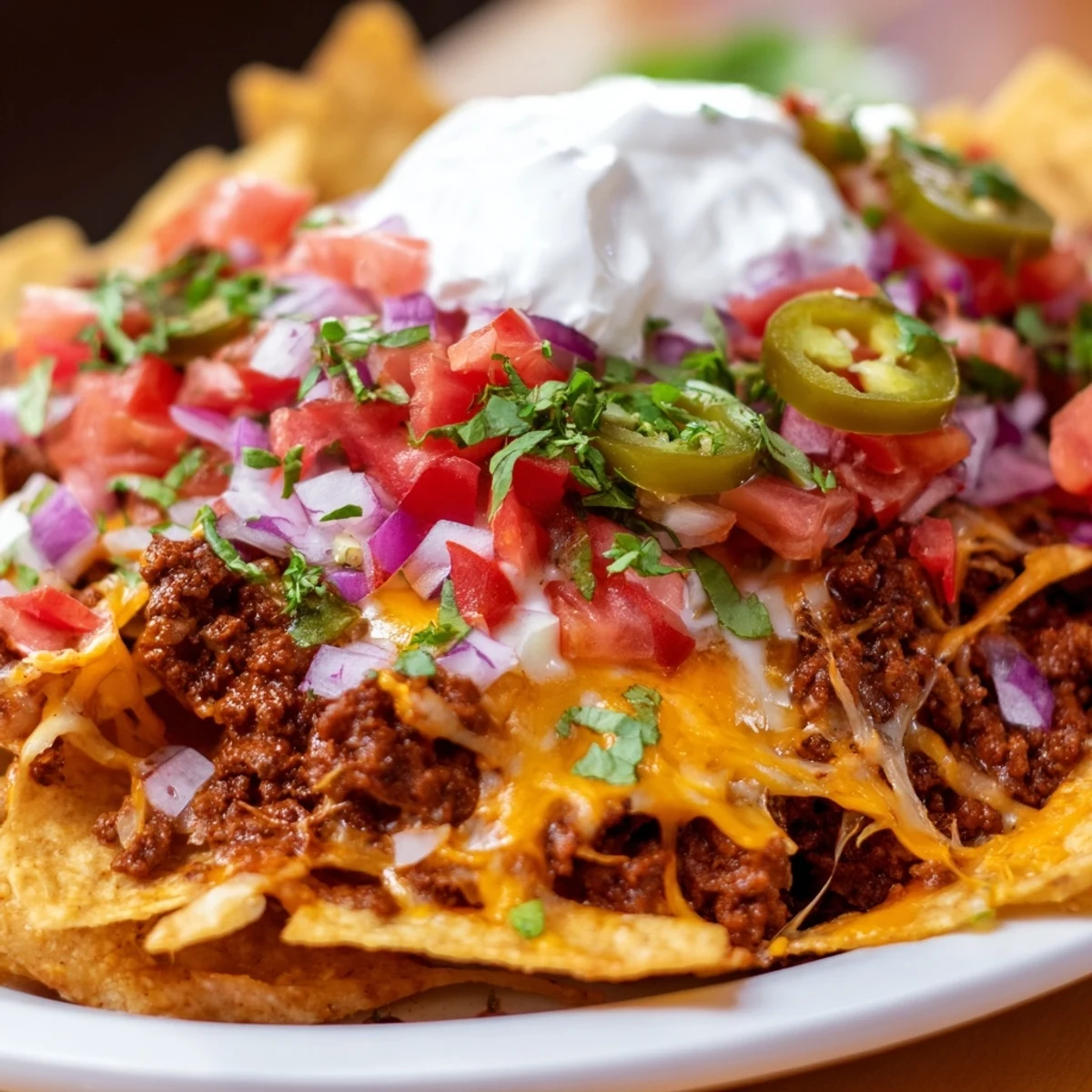 Close-up of a Beef Nacho Platter showing bubbly baked cheese, sour cream drizzle, and zesty lime wedges on seasoned ground beef.