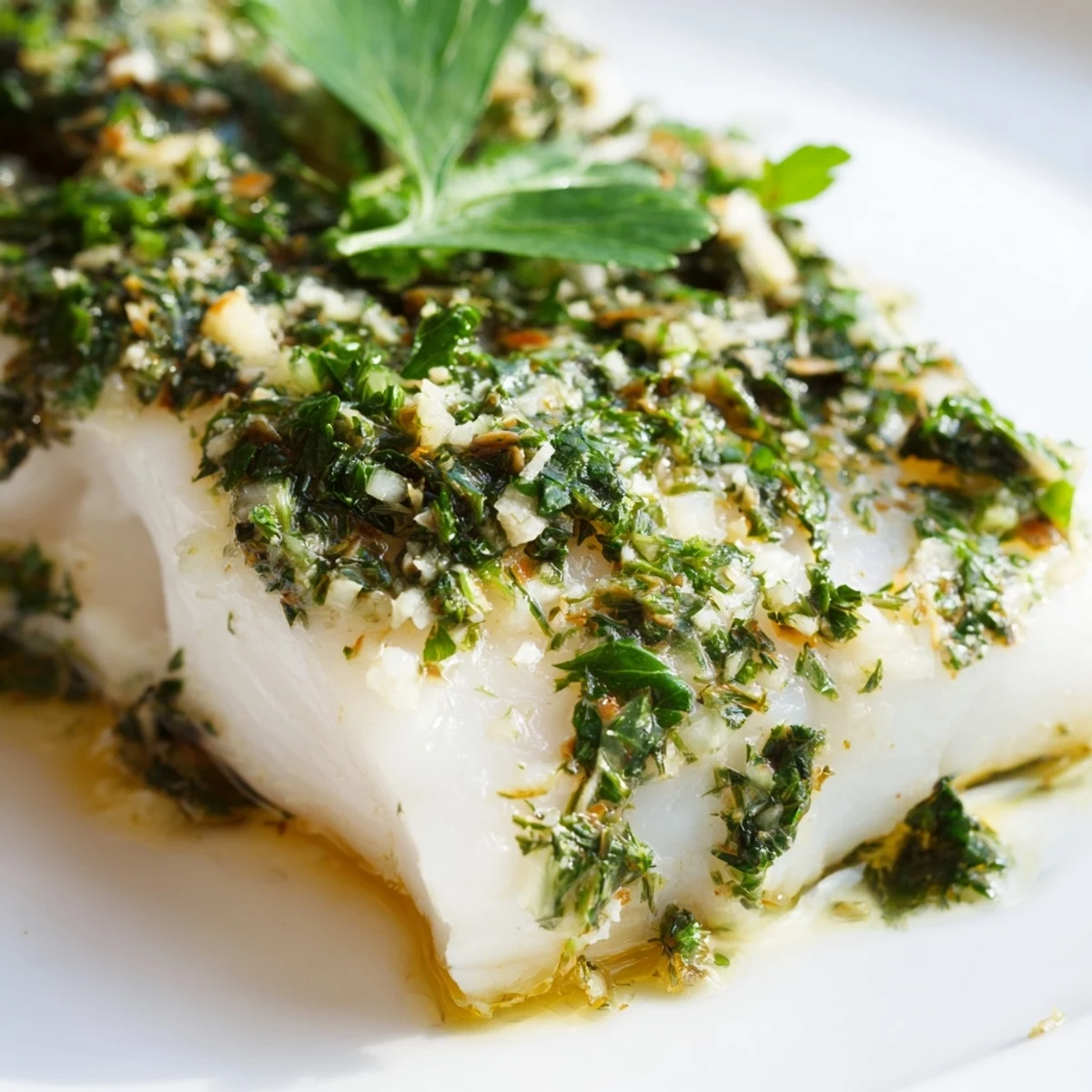 Golden Baked Halibut with Herbs flake easily on a baking sheet, garnished with fresh parsley and lemon wedges.