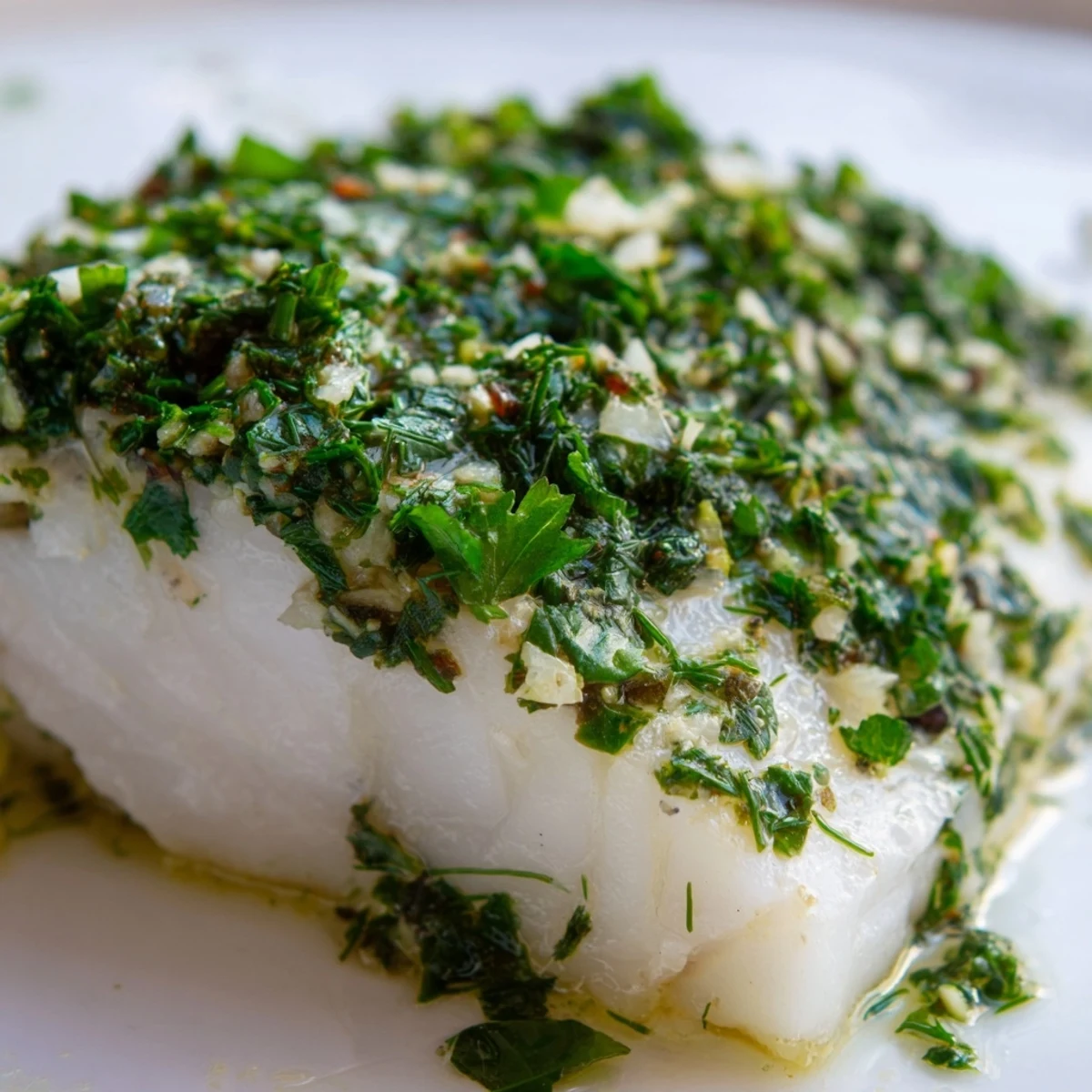 Tender Baked Halibut with Herbs on a white plate, drizzled with olive oil and served alongside steamed vegetables.