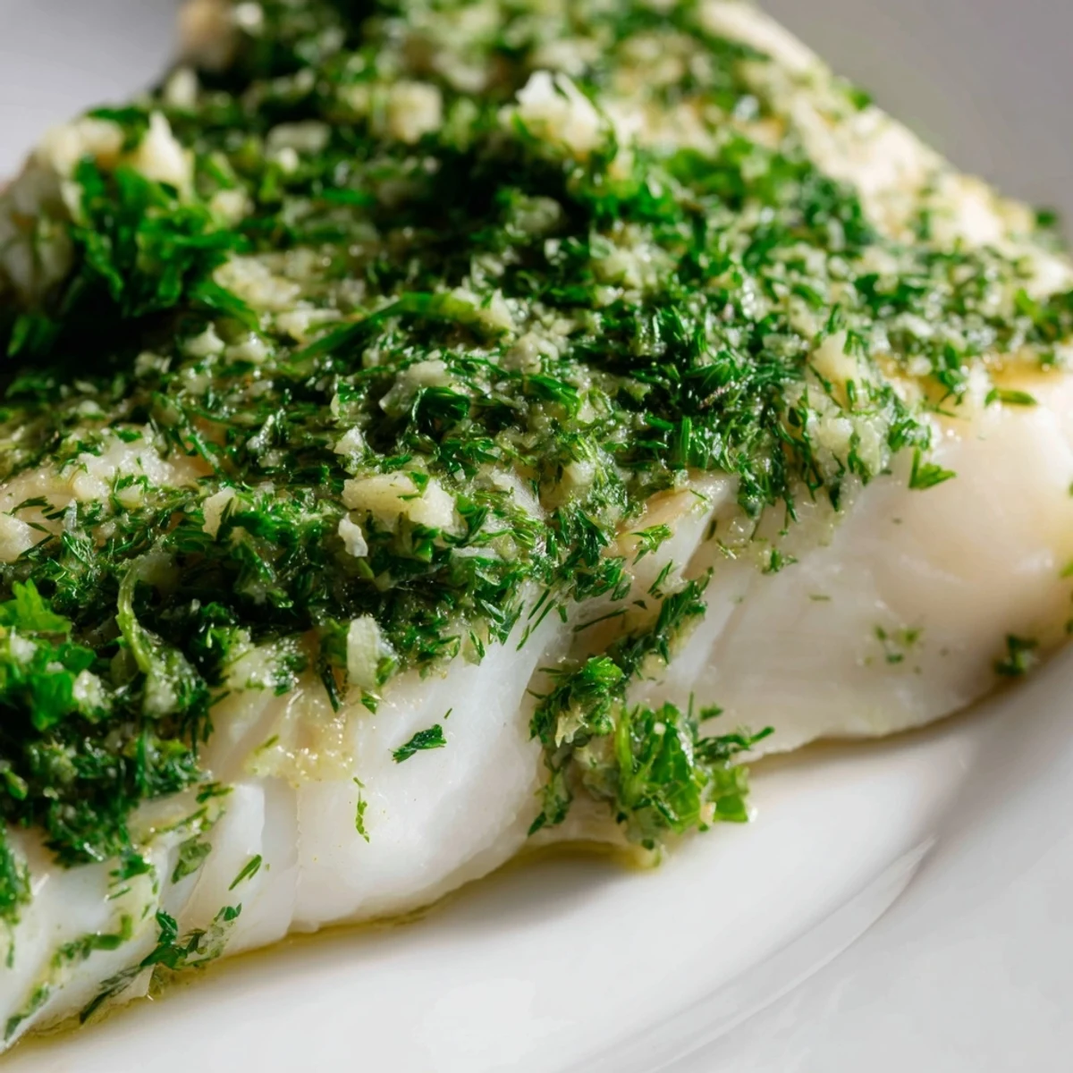 Fresh Baked Halibut with Herbs topped with lemon zest and chopped chives, ready to serve for a healthy dinner.
