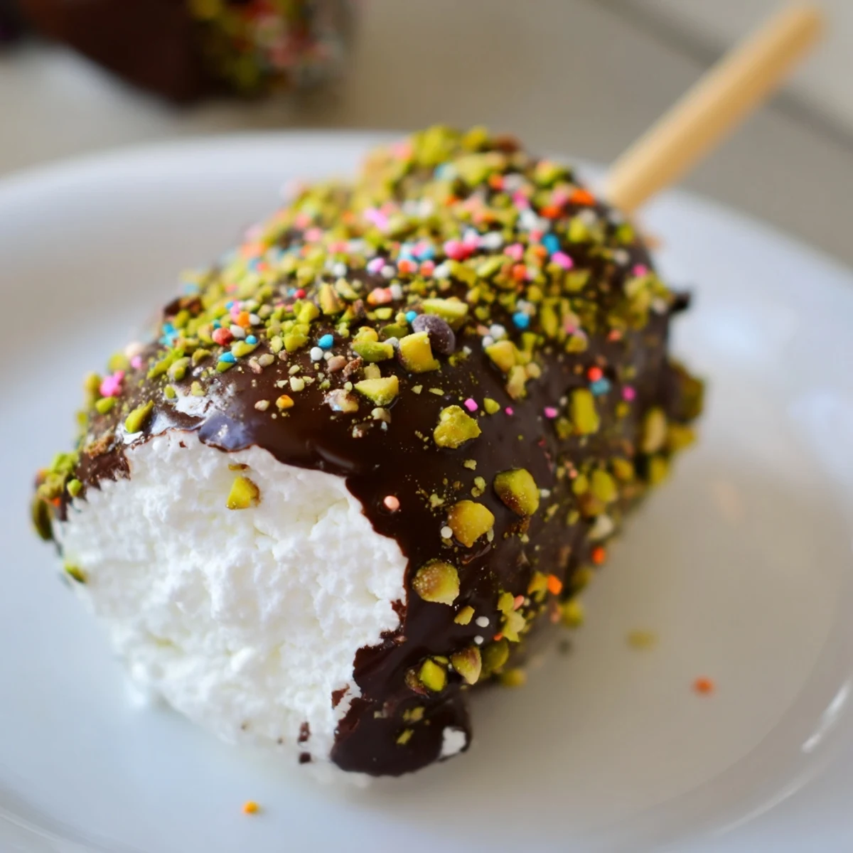 Chocolate Marshmallows on Stick with white chocolate drizzle and raspberry powder, presented on a wooden stick on parchment.