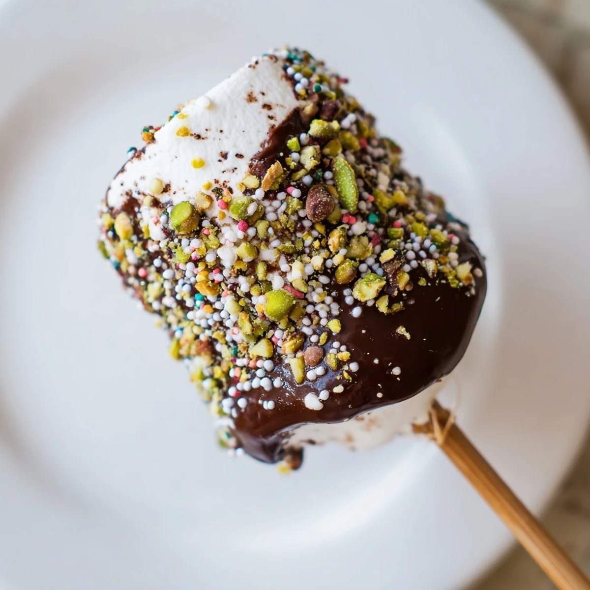 Chocolate Marshmallows on Stick coated in glossy dark chocolate and rolled in crushed pistachios for a sweet, nutty crunch.