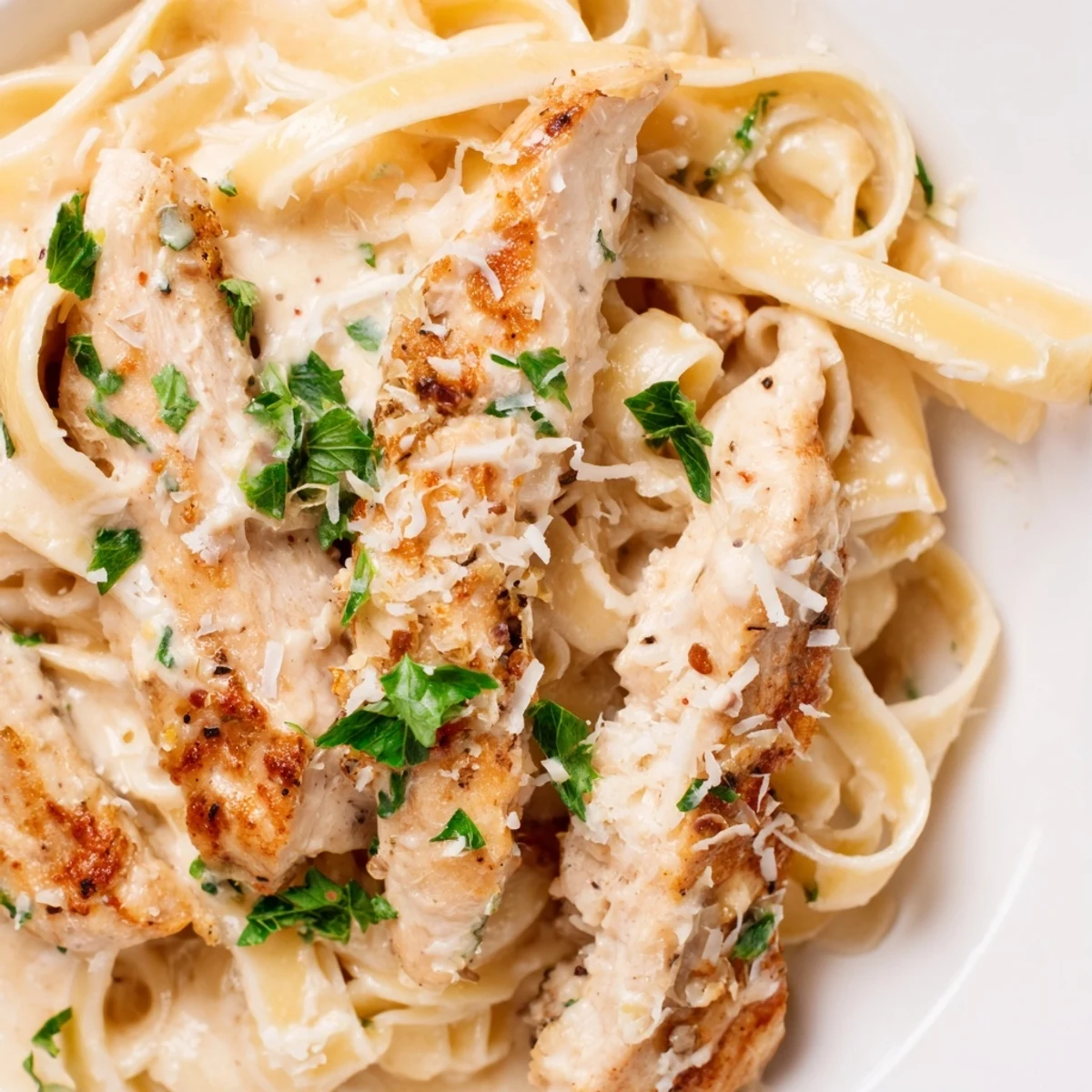 Creamy Chicken Alfredo twirls in a skillet, rich and garlicky, ready to serve with a glass of chilled white wine.