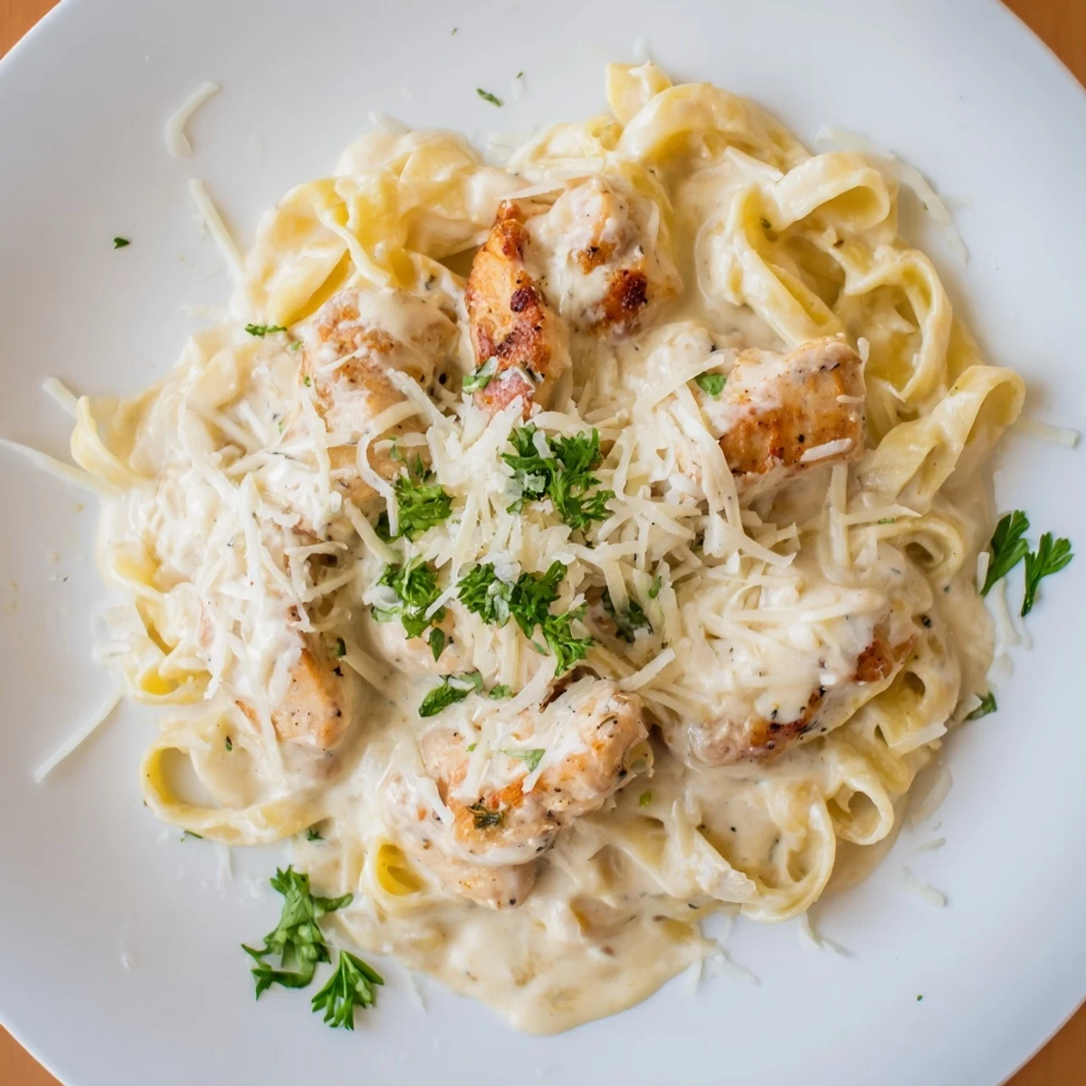 Tender chicken and al dente fettuccine coated in Creamy Chicken Alfredo sauce, finished with a dusting of Parmesan and black pepper.