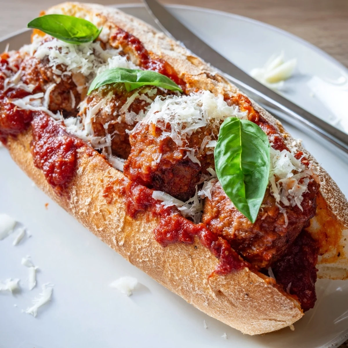 Golden-baked turkey meatballs simmer in rich tomato sauce inside toasted sub rolls, topped with melted mozzarella and fresh basil.