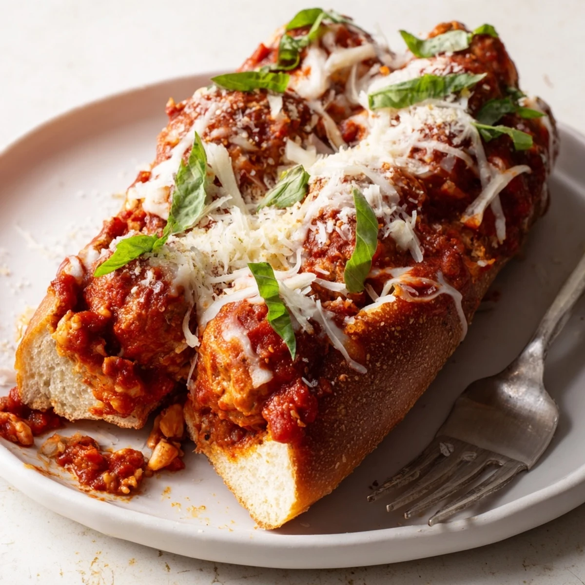 Two warm Turkey Meatball Subs sit on a rustic wooden board with extra basil and Parmesan on the side.