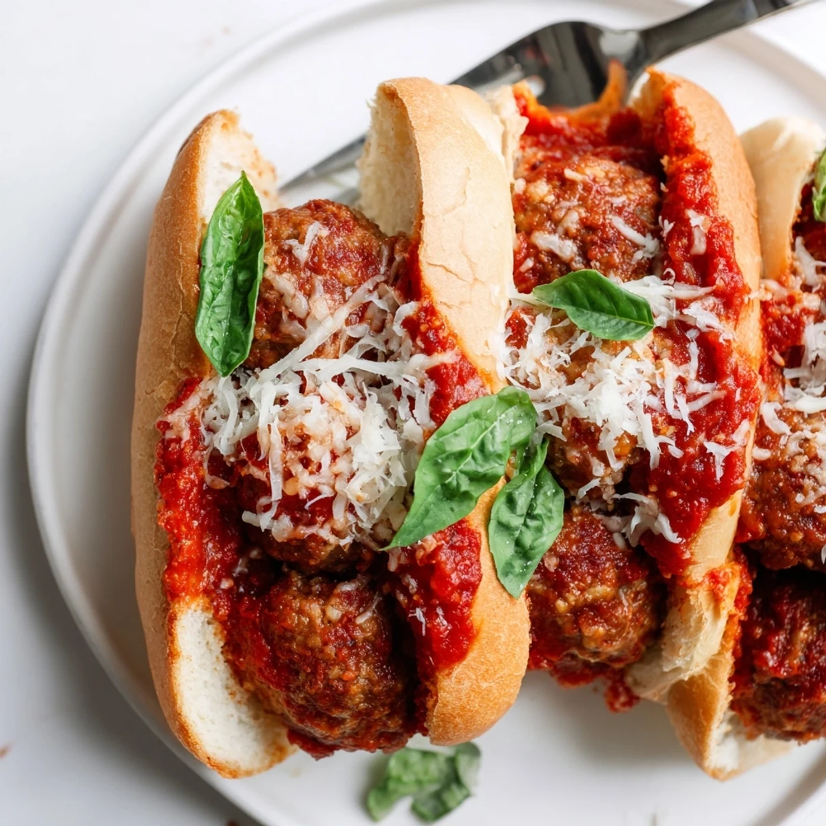 Close-up of saucy Turkey Meatball Subs with bubbling mozzarella, showing tender turkey meatballs and a toasted hoagie roll.