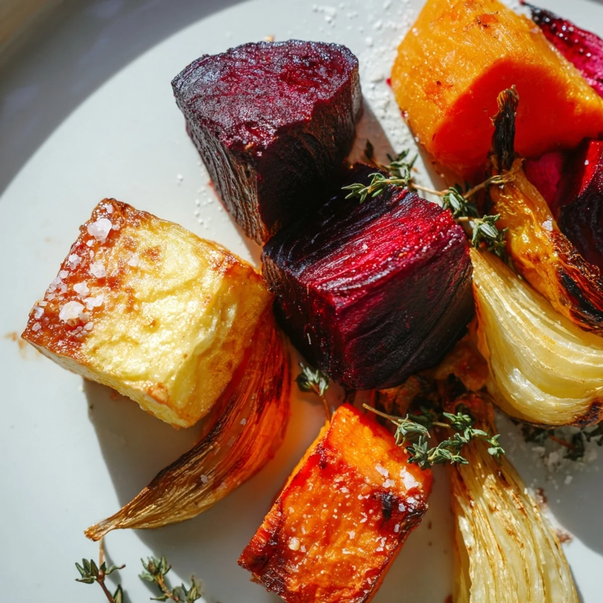 Golden roasted roots with thyme on a baking sheet, steam rising and garlic cloves tucked among colorful vegetable chunks.