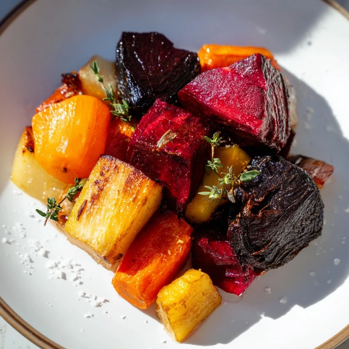Vibrant medley of carrots, parsnips, beets, and sweet potatoes roasted with thyme, perfect alongside grilled chicken or steak.