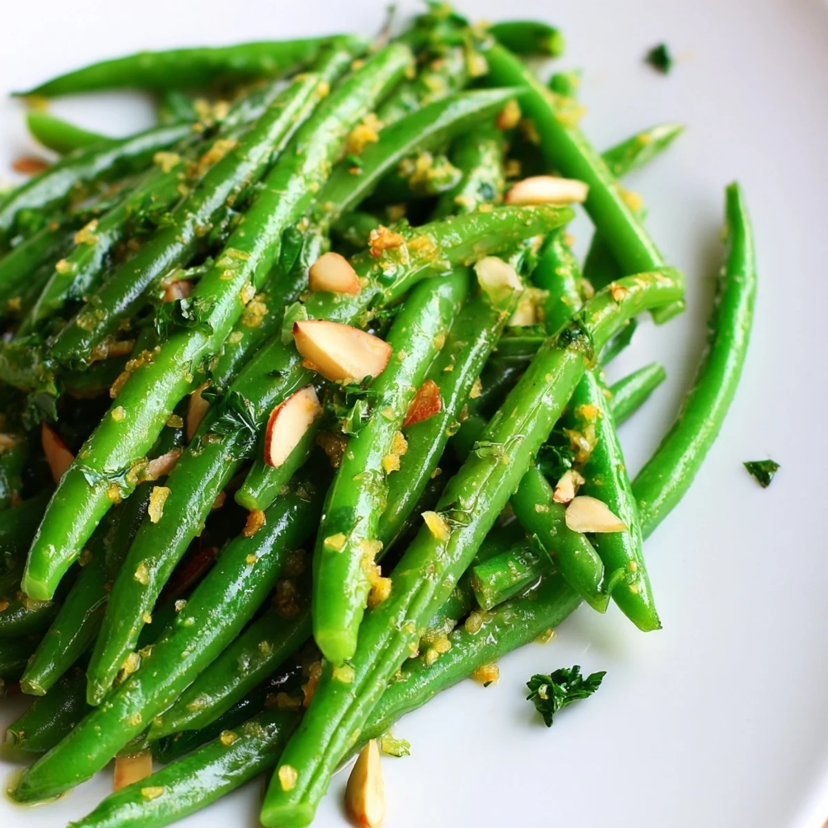 Warm Lemon Green Beans side dish served on a white plate, showcasing a vibrant olive oil and lemon zest glaze.