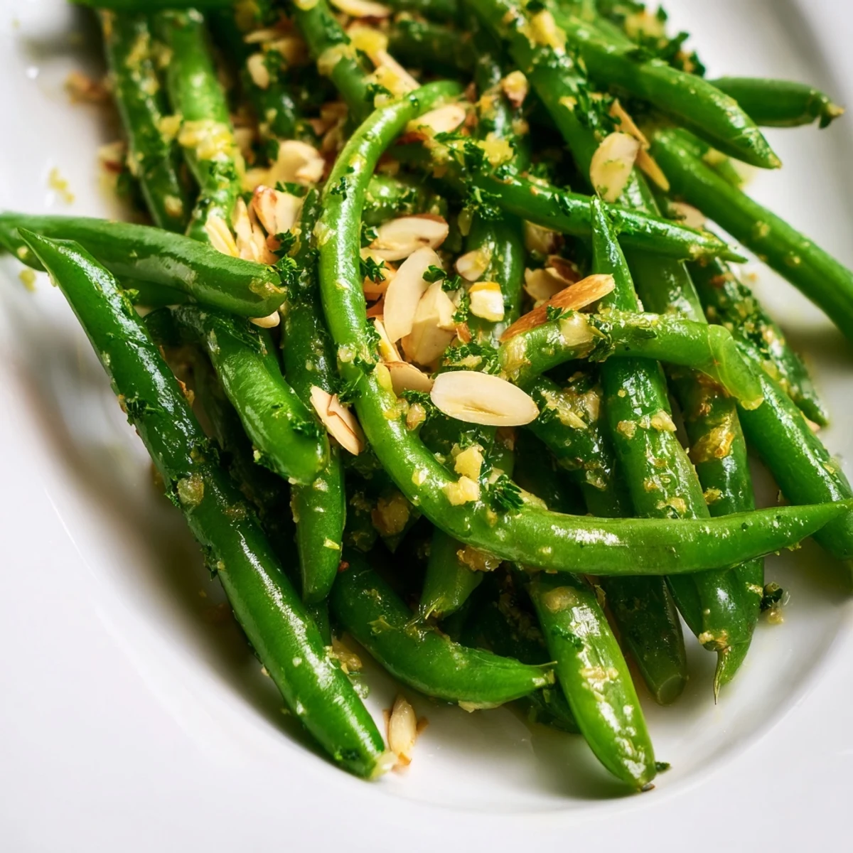 Crisp-tender bright green beans garnished with parsley and toasted almonds for the Lemon Green Beans.