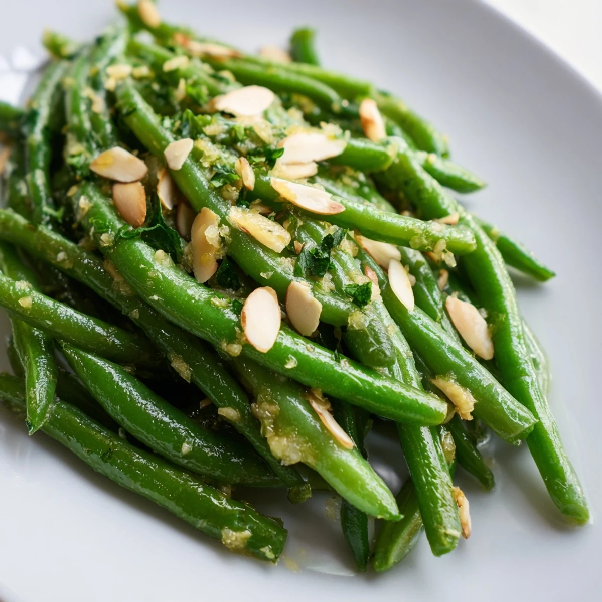 A close-up of Lemon Green Beans revealing crisp texture, fresh parsley, and sliced almonds, ready to serve.