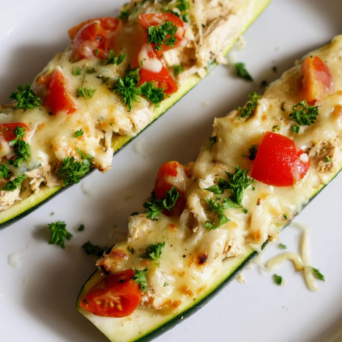 Golden-brown Chicken Zucchini Boats fresh from the oven, filled with melted mozzarella and tomato sauce.