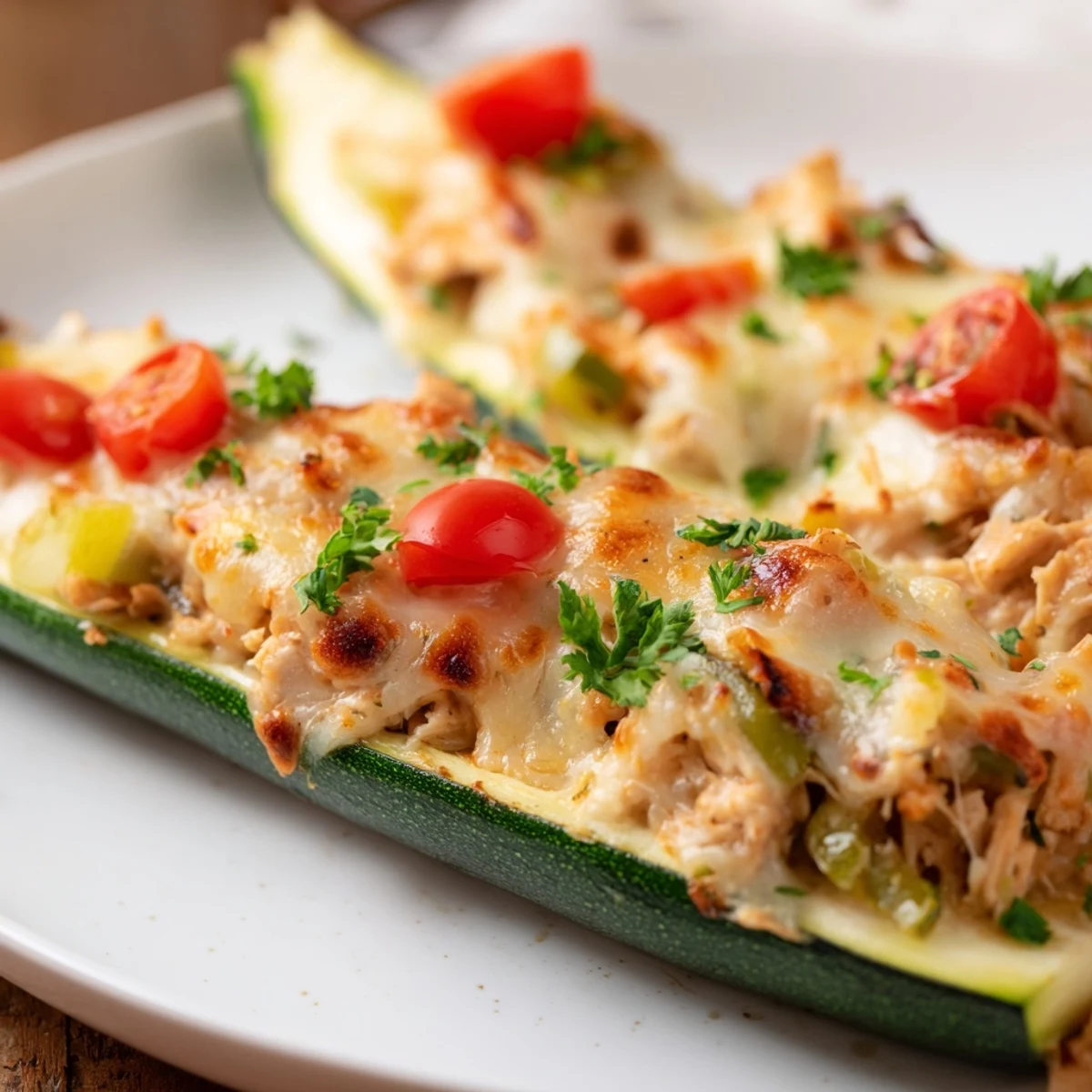 Golden baked Chicken Zucchini Boats garnished with fresh parsley, a low-carb weeknight dinner option.