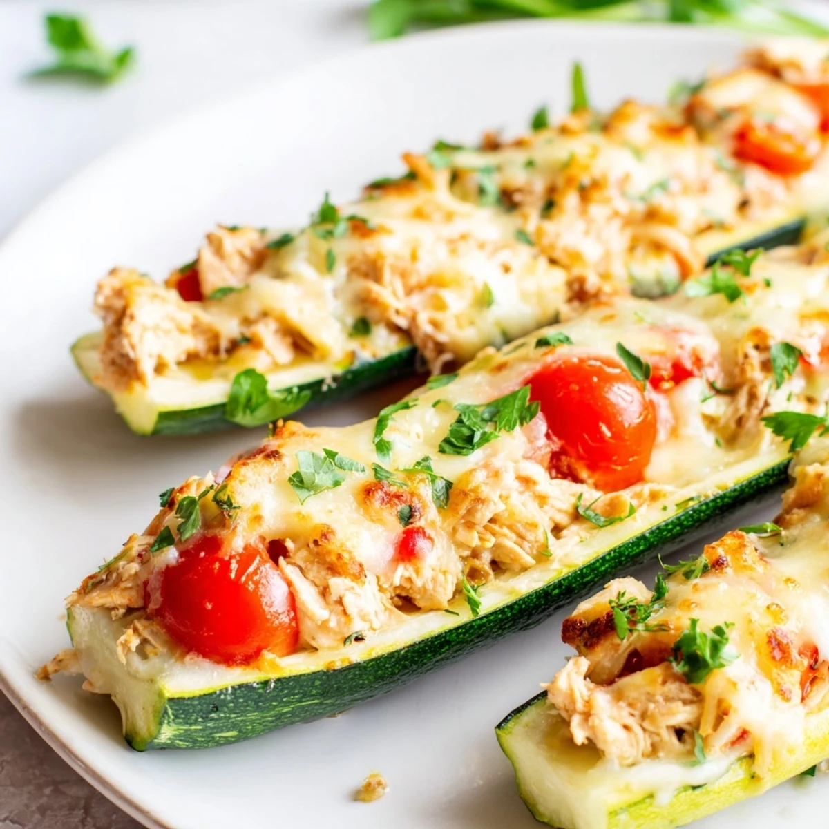 Cheesy Chicken Zucchini Boats bubbling with a savory chicken and tomato filling, served on a white plate.