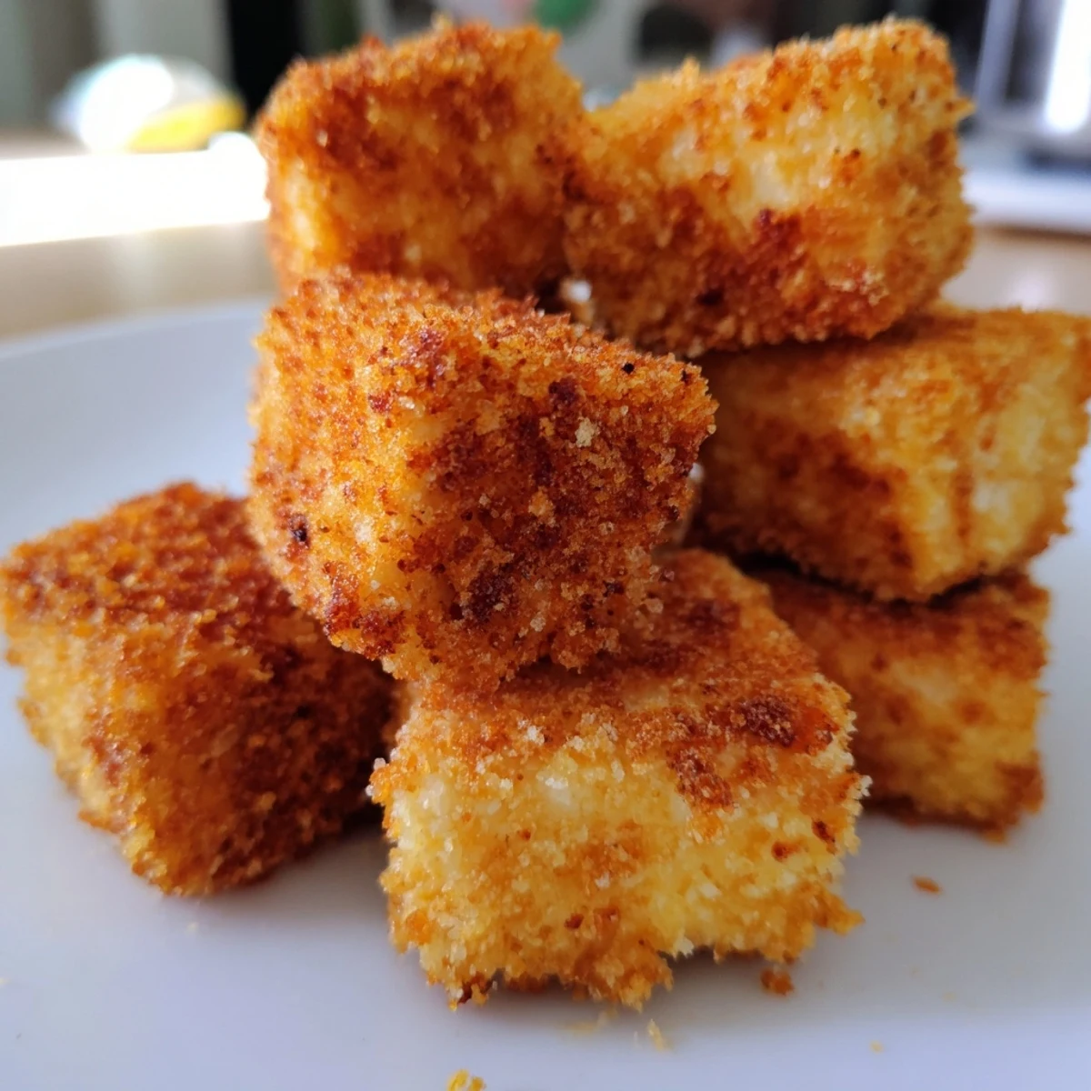 Golden-brown Crispy Tofu Bites served on a salad, showcasing a savory coating and fresh greens.
