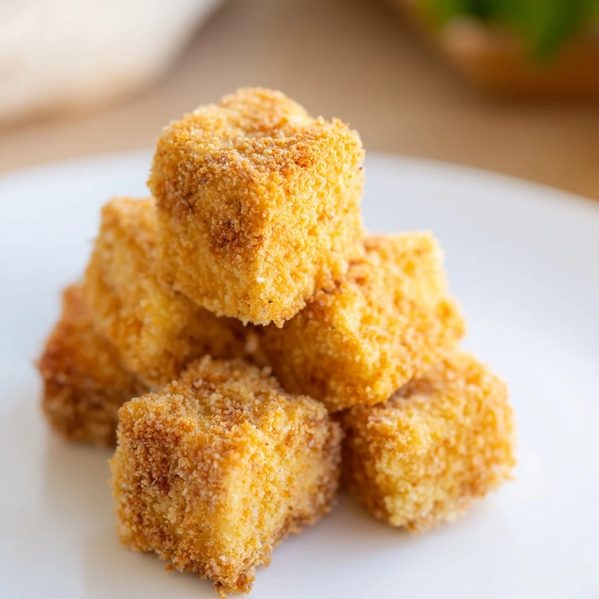 Crispy Tofu Bites arranged on a platter with sweet chili sauce for dipping, golden and crunchy.