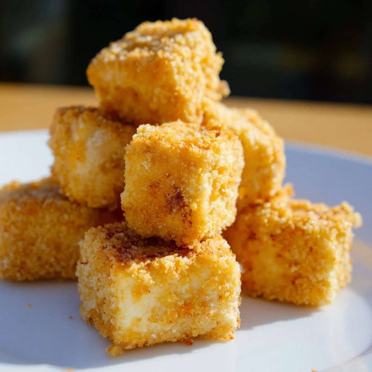 Freshly fried Crispy Tofu Bites topped with sesame seeds, ready to be enjoyed as an appetizer.