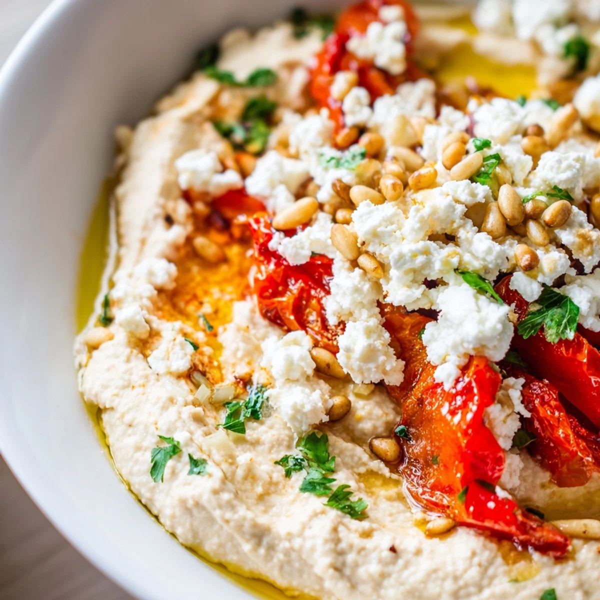 A hearty Mediterranean Hummus Bowl on a bed of quinoa, topped with feta, pine nuts, and roasted red peppers.