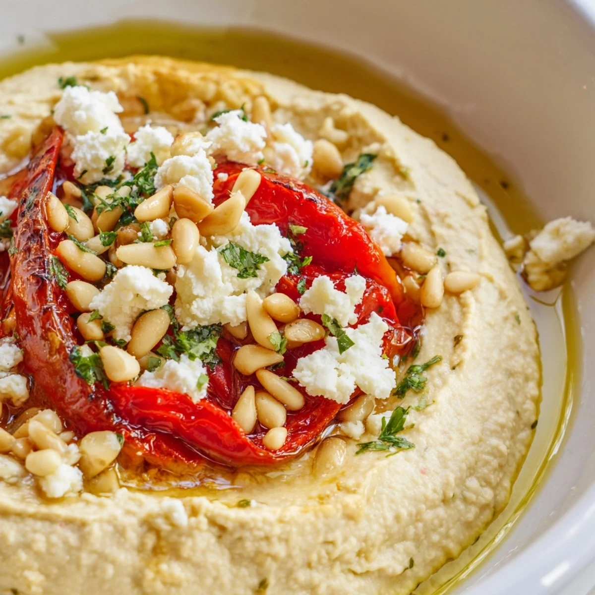 A deconstructed Mediterranean Hummus Bowl featuring fresh vegetables and tangy toppings, ready to serve for a light lunch.