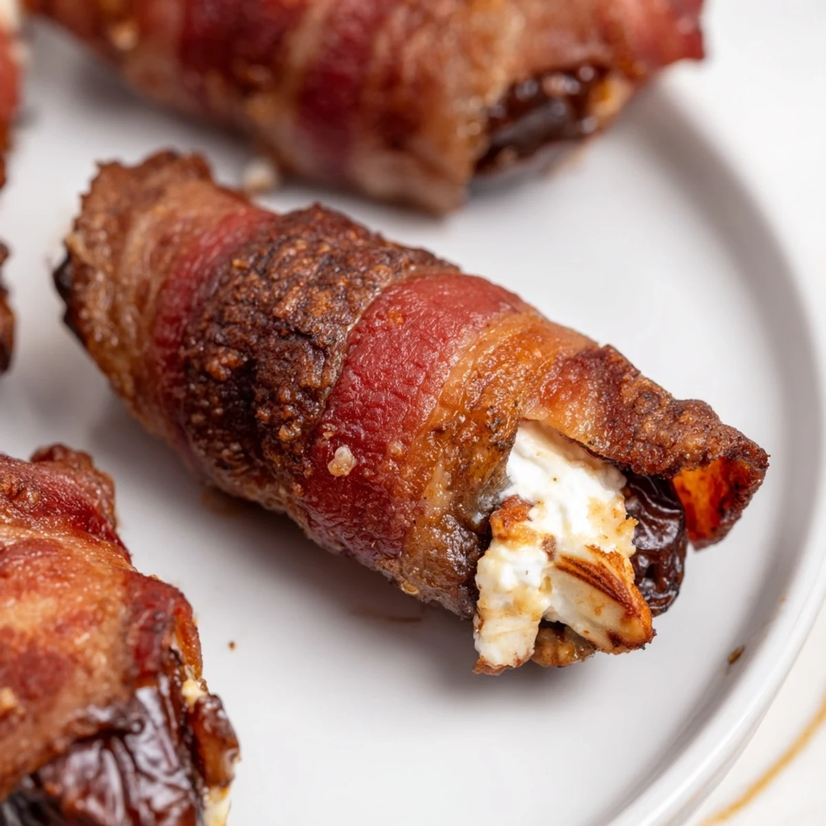 Golden Air Fryer Crispy Beef Bacon Wrapped Dates glistening on a white plate, perfect for parties.