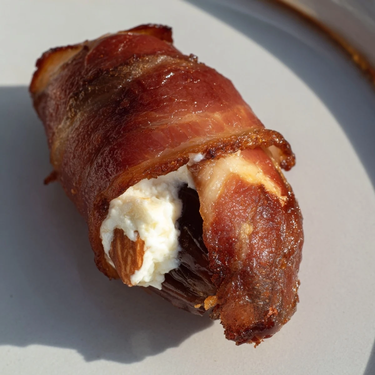 Appetizer plate of Air Fryer Crispy Beef Bacon Wrapped Dates garnished with fresh herbs.