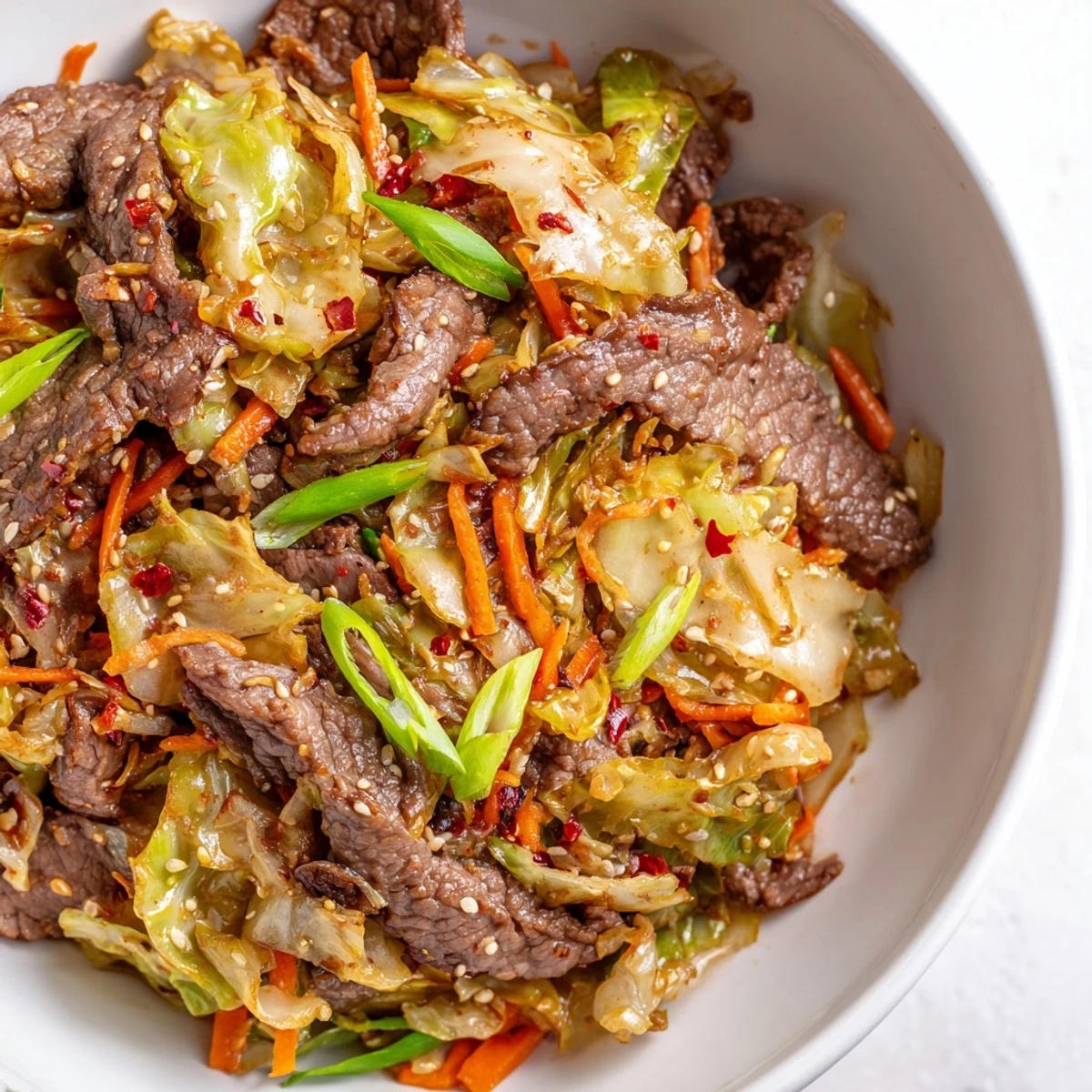 A colorful plate of Keto Friendly Beef and Cabbage Stir Fry served hot, garnished with sesame seeds and scallions.