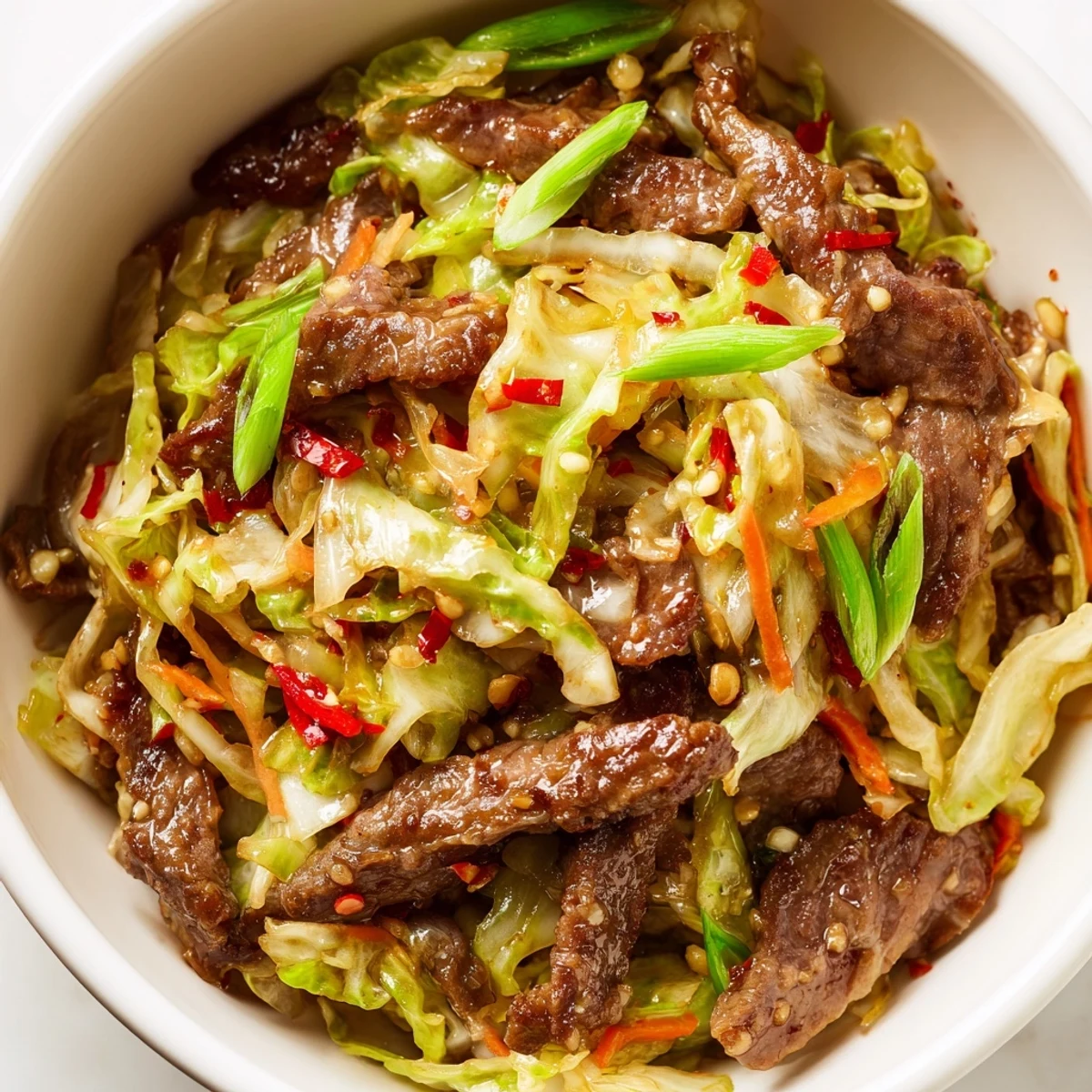 Close-up of Keto Friendly Beef and Cabbage Stir Fry showing juicy beef slices and wok-charred vegetables.