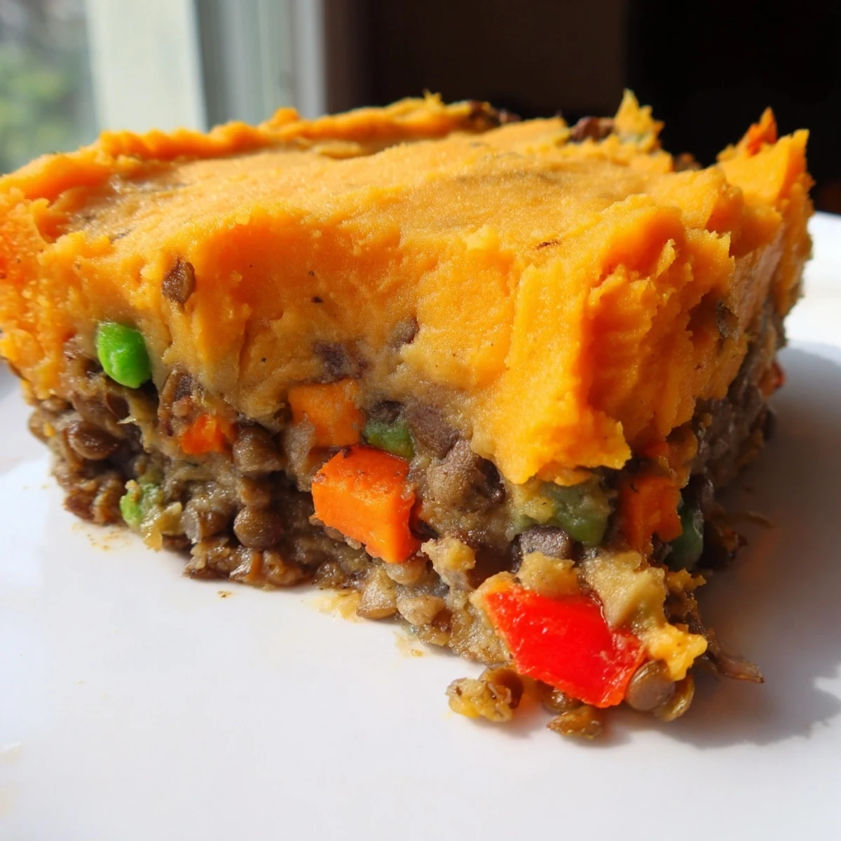 A hearty slice of Vegan Lentil and Sweet Potato Shepherds Pie served on a white plate with fresh thyme garnish.