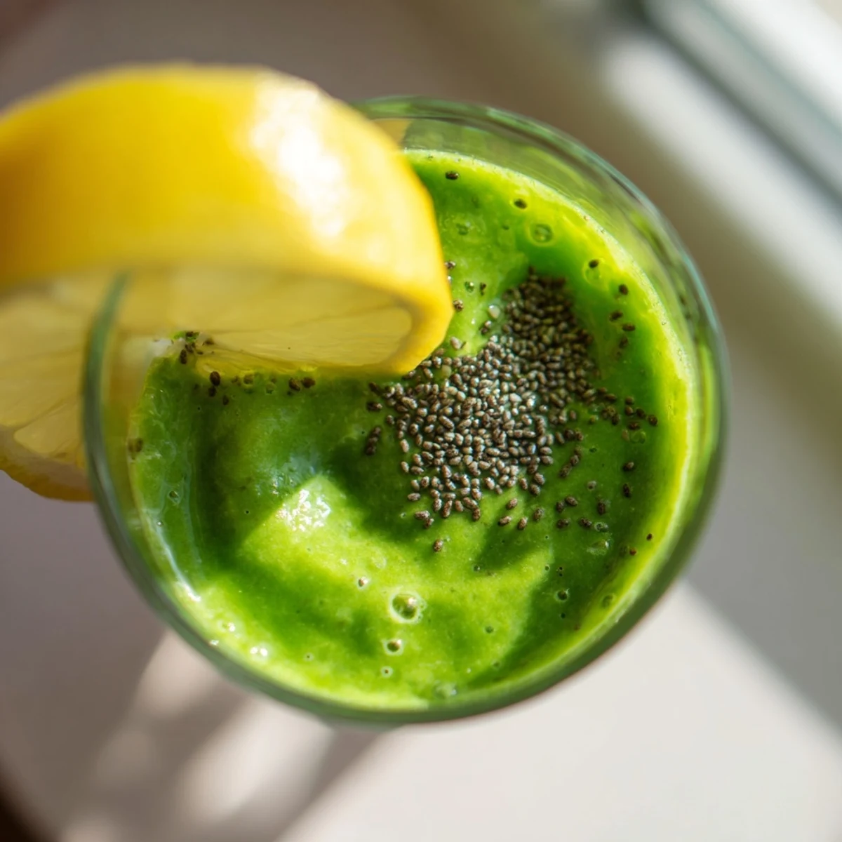 Vibrant Detox Green Smoothie with Spinach and Ginger, blended with creamy avocado and served chilled in a glass.