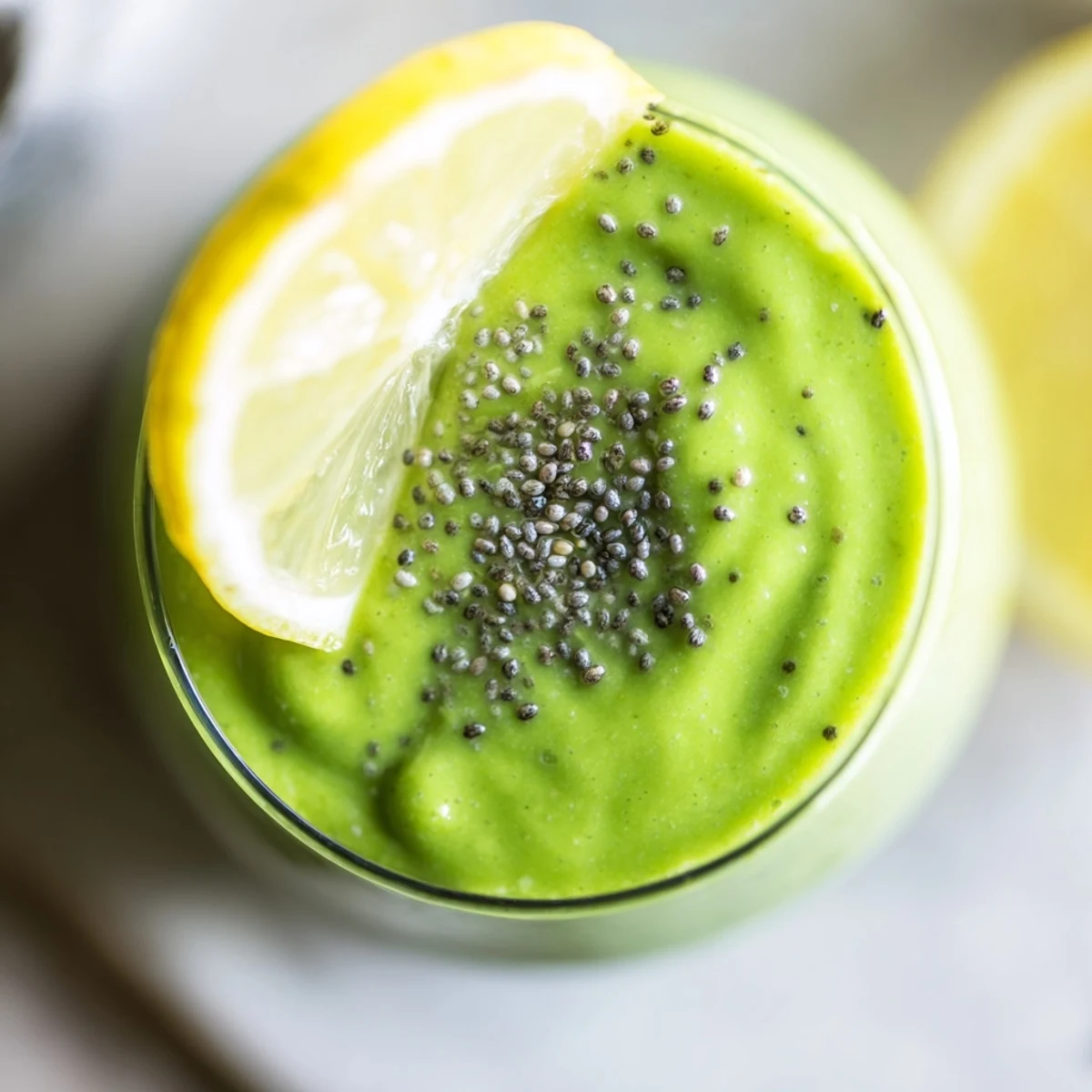 Two glasses of Detox Green Smoothie with Spinach and Ginger topped with chia seeds and a fresh lemon slice.