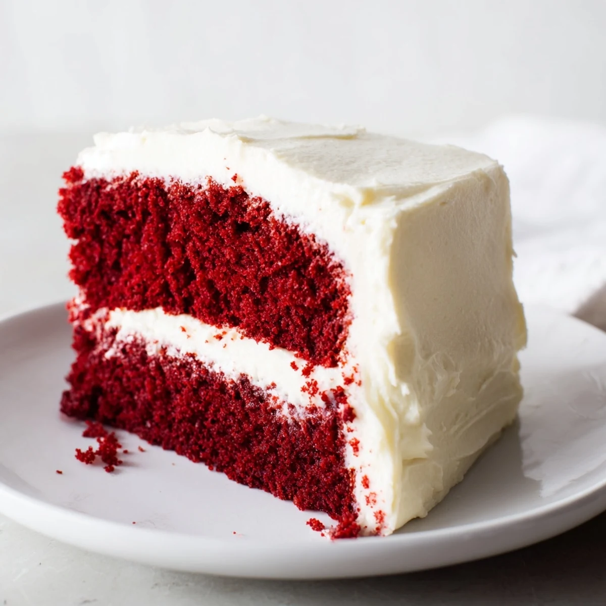 Close-up of a freshly sliced Red Velvet Cake with Cream Cheese Frosting revealing moist, velvety crumb and rich crimson layers.
