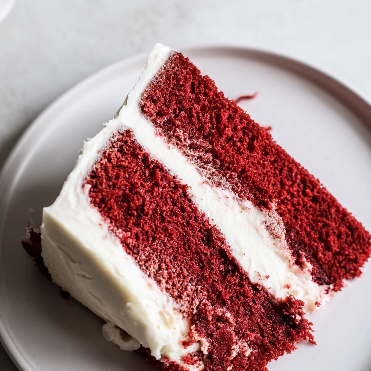 Layered Red Velvet Cake with Cream Cheese Frosting on a white platter, perfect for American holiday gatherings and celebrations.