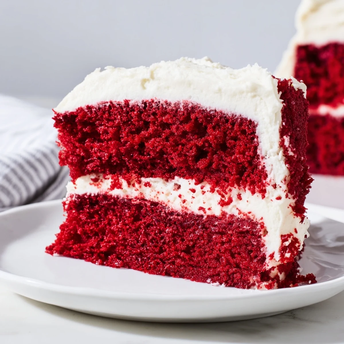A rustic Red Velvet Cake with Cream Cheese Frosting garnished with crumbs, showing off its tangy, creamy frosting texture.