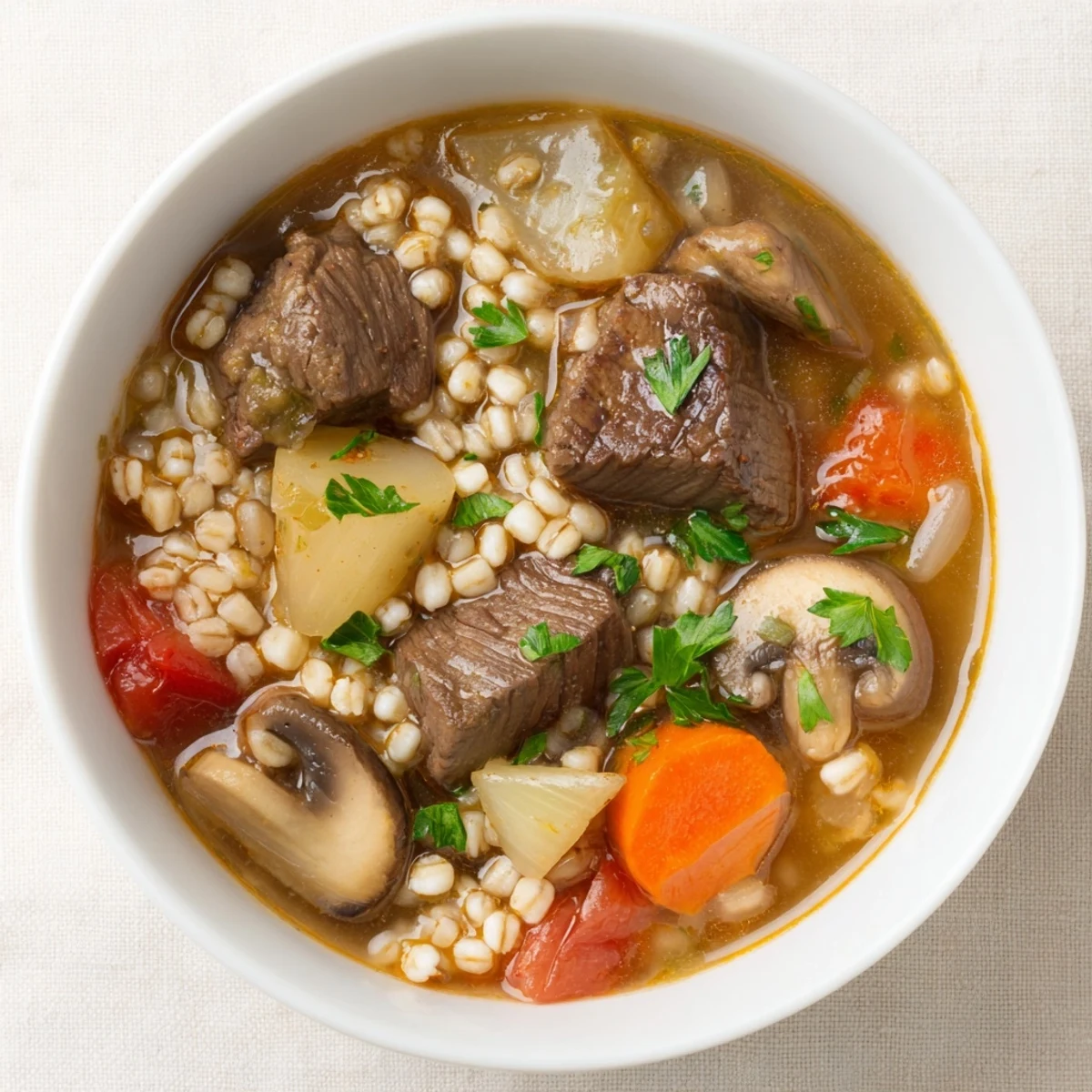 Steaming bowls of Hearty Beef and Barley Stew with Parsnips, featuring tender meat chunks and vibrant root vegetables.