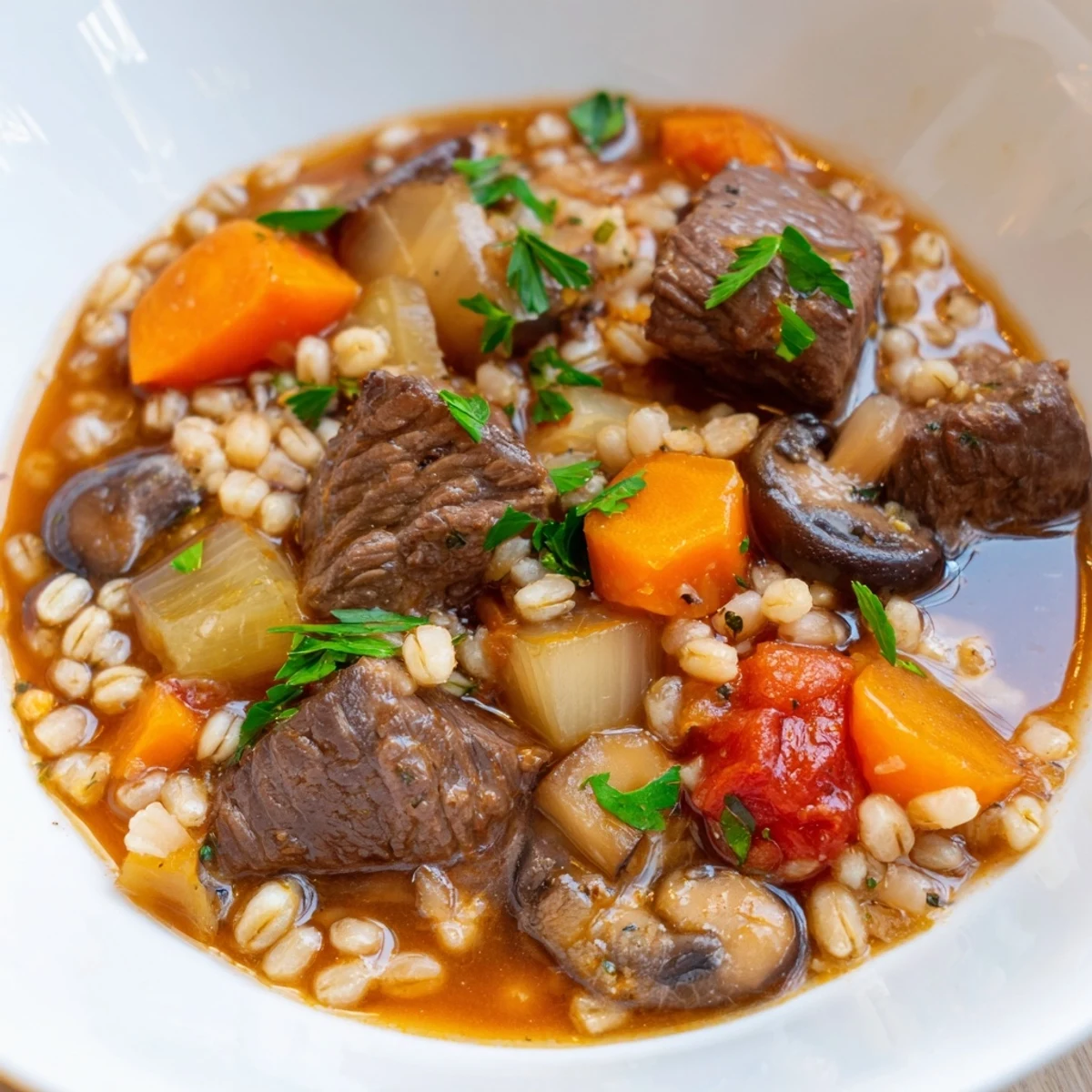 Close-up of rustic Hearty Beef and Barley Stew with Parsnips in a Dutch oven, garnished with fresh parsley.