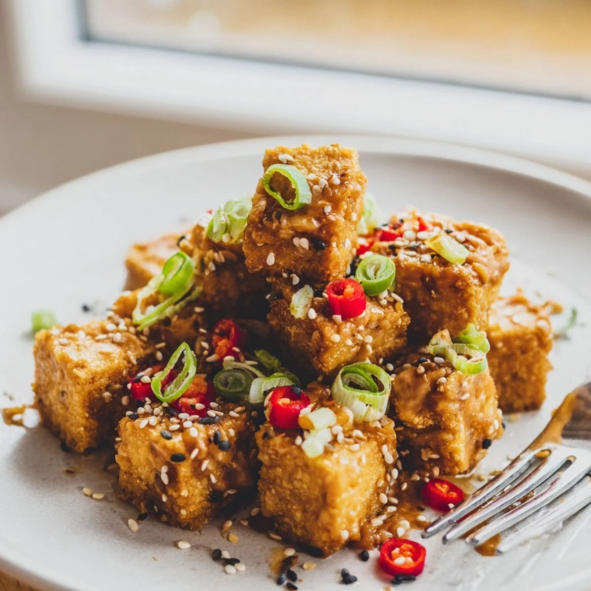 Golden cubes of Crispy Baked Tofu with Sesame Peanut Sauce tossed in a nutty glaze ready to be eaten with chopsticks.