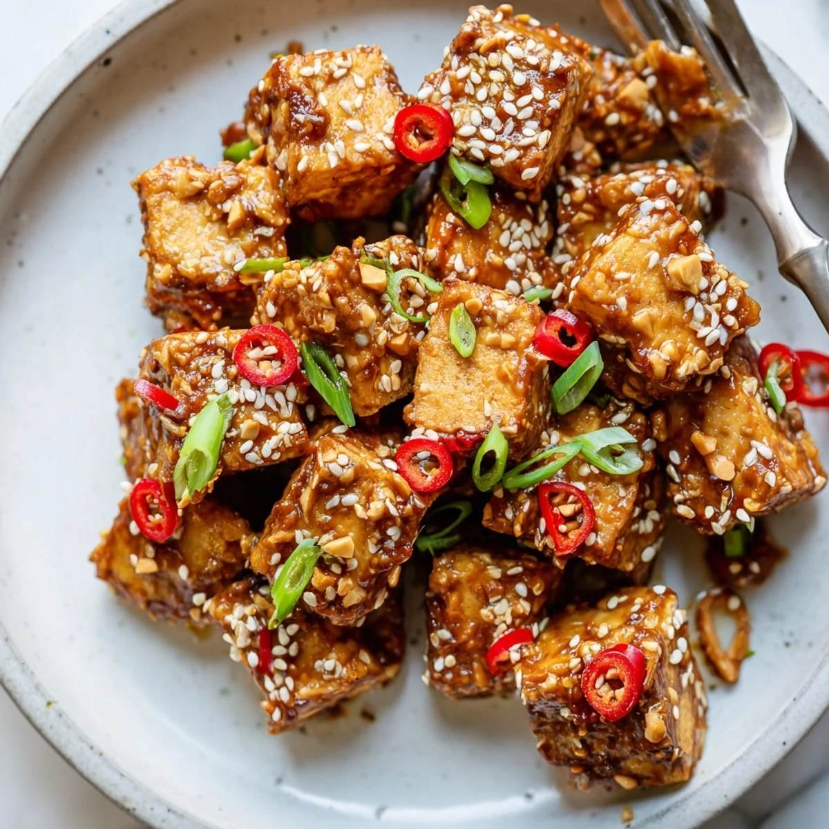 Crispy Baked Tofu with Sesame Peanut Sauce garnished with sesame seeds and green onions served over steamed rice.