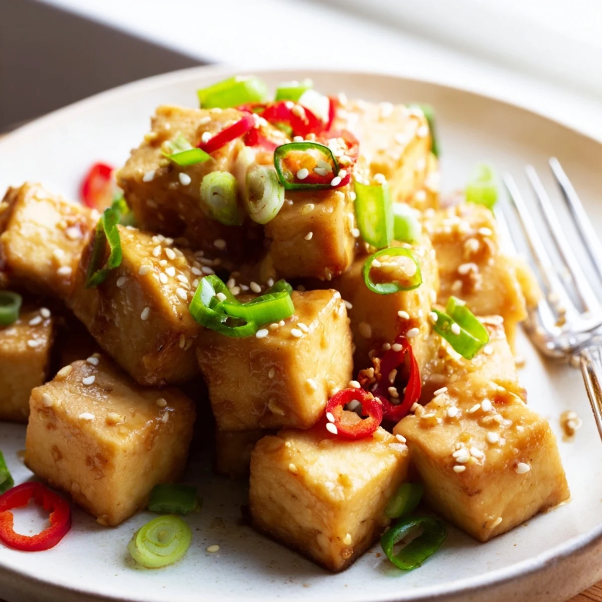 A close-up of Crispy Baked Tofu with Sesame Peanut Sauce topped with chili slices on a plate with stir-fried vegetables.