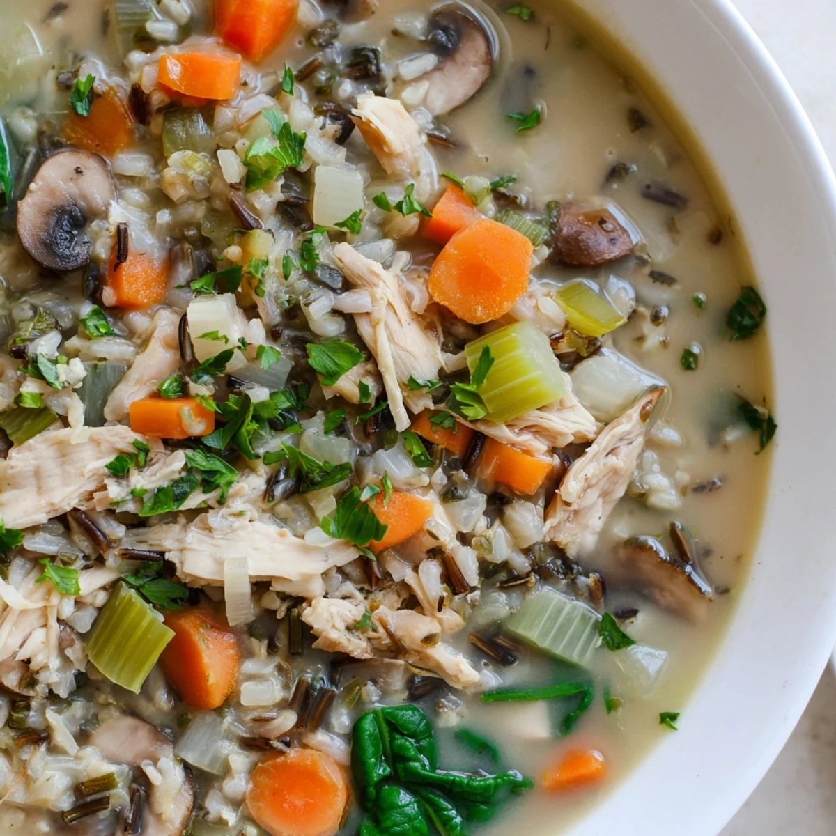 Steaming bowl of Instant Pot Chicken and Wild Rice Soup garnished with fresh parsley and tender shredded chicken.