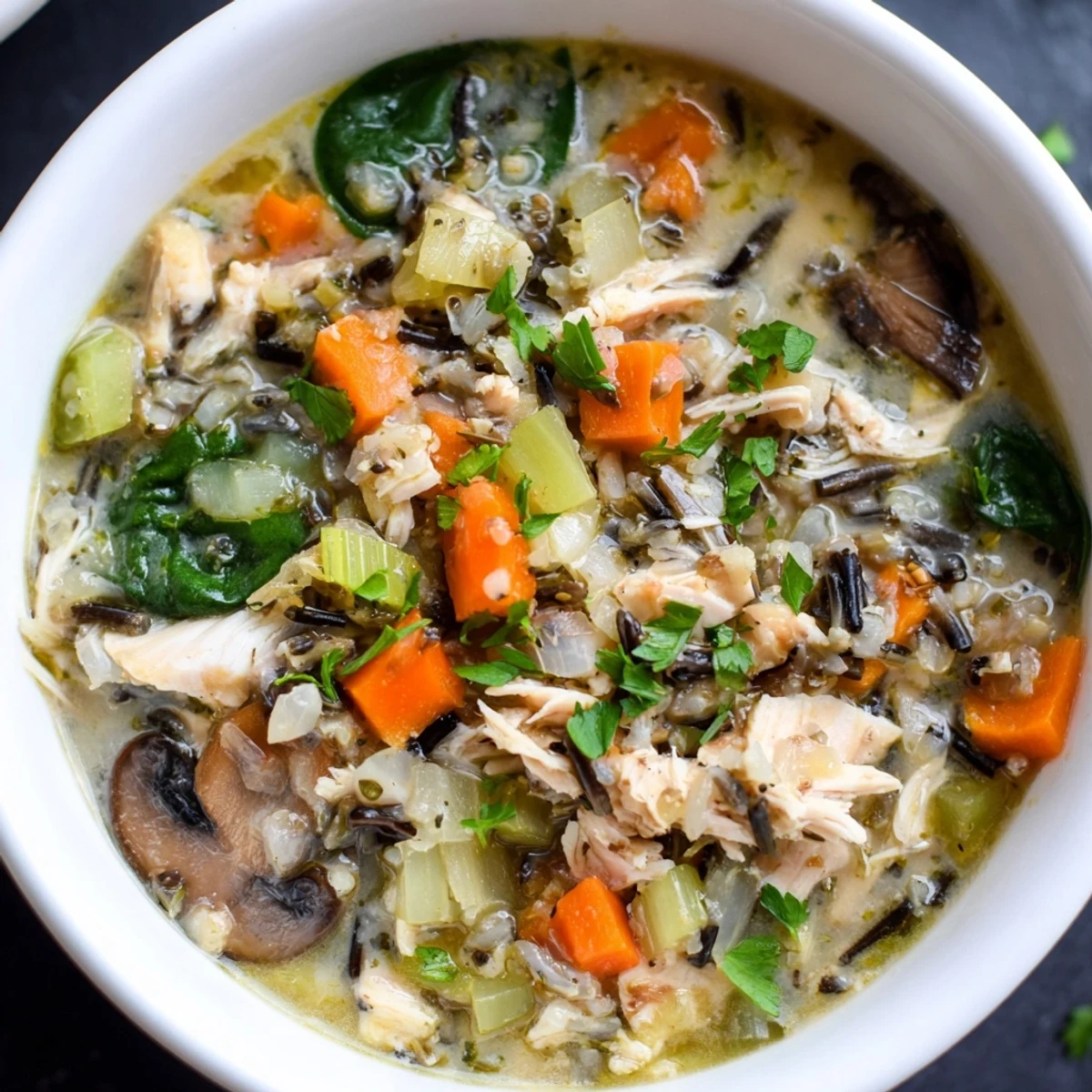 Healthy Instant Pot Chicken and Wild Rice Soup served hot beside crusty gluten-free bread for dipping.