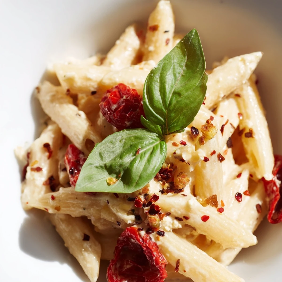 Golden roasted cherry tomatoes and creamy feta create a luscious sauce for this Baked Feta Pasta, garnished with fresh basil. 
