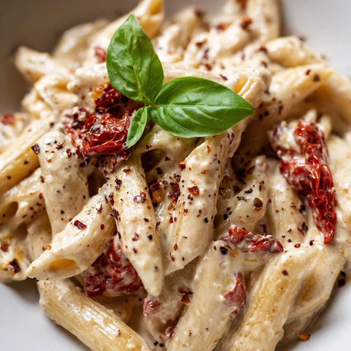 A skillet of hot Baked Feta Pasta topped with roasted tomatoes, garlic, and basil, served as a weeknight vegetarian main.