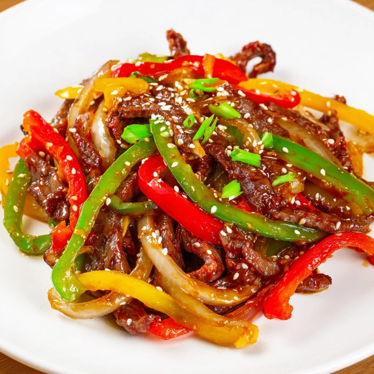 This vibrant Spicy Beef and Pepper Stir Fry features glistening beef and a spicy, savory sauce.
