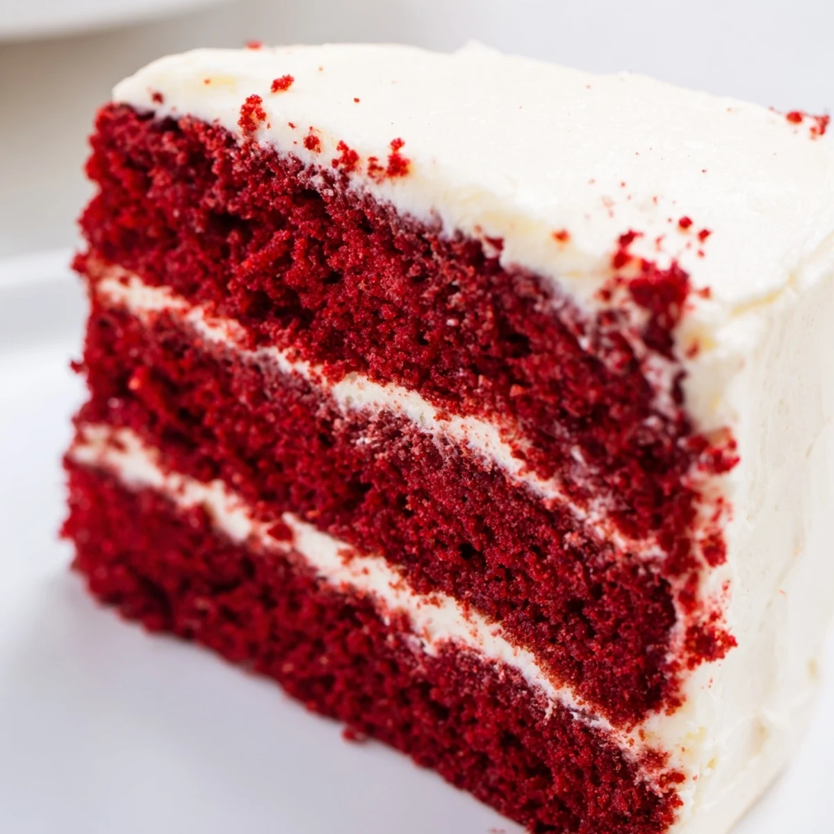 Freshly baked red velvet layer cake with cream cheese frosting, garnished with red crumbs and perfect for birthday celebrations.