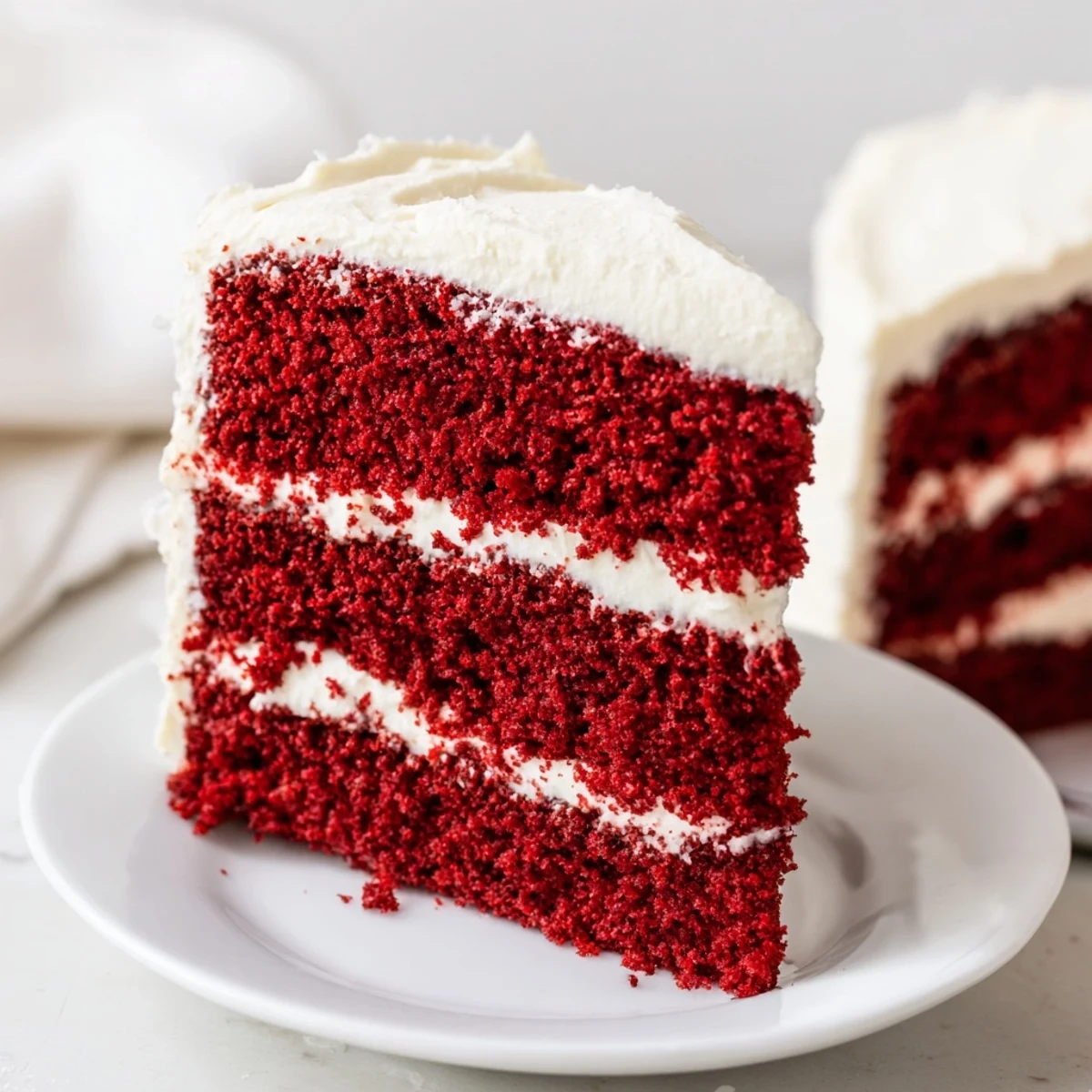 Moist, tender red velvet layer cake with cream cheese frosting, sliced to reveal its vibrant crimson interior on a plate.