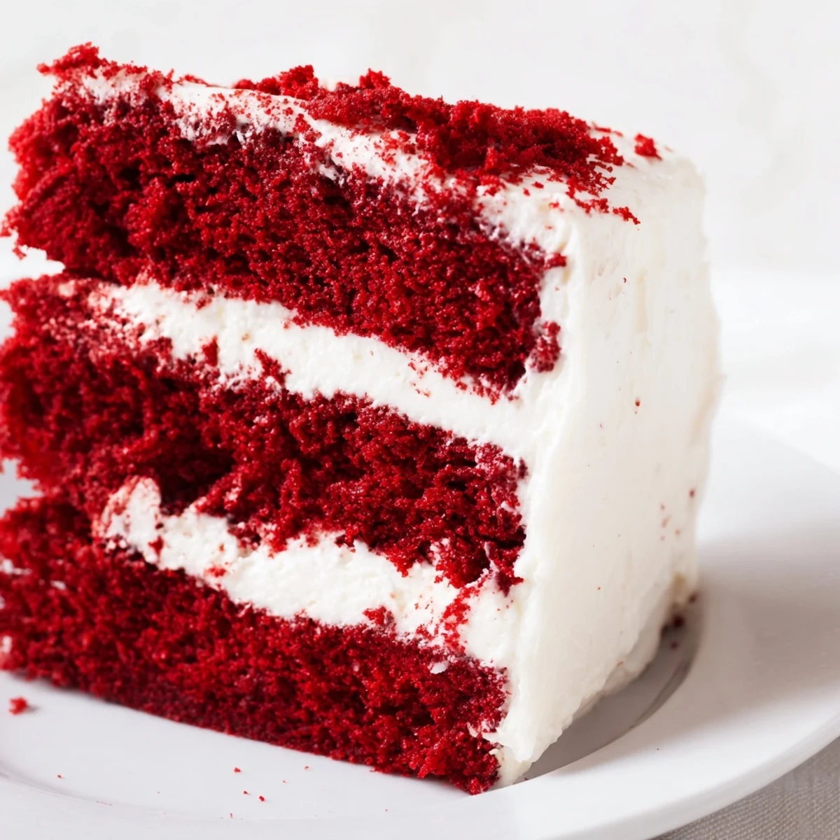 Classic American red velvet layer cake with cream cheese frosting, rich crimson layers and velvety white frosting ready to serve.